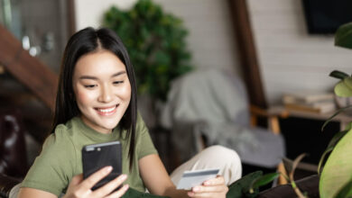 Asian, phone, card, happy